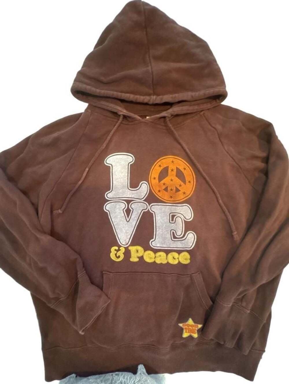Peace Mountain Brown Hoodie with Peace Sign and 'Love & Peace' Graphic